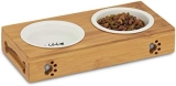 Relaxdays Comedero Bebedero con Soporte, Gatos y Perros, Doble Cuenco, Bambú y Cerámica, 1 Ud, 29,5 cm de Ancho, Marrón