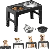 Lewondr Cuenco Elevado para Perros Gatos, Comedero Plegable para Mascotas Antivoracidad, 4 Alturas Ajustables, 1 Tazón de Alimentación Lenta y 2 Tanones Acero Inoxidable para Comer Beber, Negro