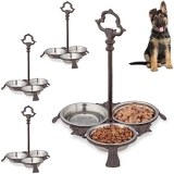 Relaxdays Comedero Perro y Gato, 3 Cuencos de 200 ml, Bebedero Exterior, Hierro Fundido-Acero Inoxidable, 1 Ud, Marrón