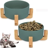 Hmpet Cuencos Elevados para Gatos Y Perros, Plato De Cerámica para Perros Elevado con Soportes De Madera, Sin Derrame Comedero para Mascotas para Comida Y Agua,Verde,M/850ml
