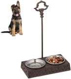 Relaxdays Comedero Perro Doble, Soporte con Asa, 2 Cuencos, Hierro Fundido-Acero Inoxidable, 200 ml, 1 Ud, Marrón Oscuro