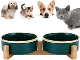 Hmpet Cerámica elevada Cuencos de Gatos Platos para Perros con Soporte de Madera, Cuencos de alimentación Doble para Mascotas con Ribete Dorado Comedero Tazón de Agua para Gatos y Perros,Verde,M