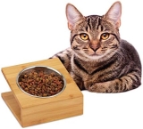 Relaxdays Comedero Gato y Perro con Soporte, Bebedero, Pequeño, Bambú y Acero Inoxidable, 1 Ud, 10x18x18 cm, Marrón, 1 Cuenco