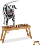 Relaxdays Comedero Bebedero Perros, Soporte Elevado Plegable, Bambú-Acero Inoxidable, 1 Ud., 31x70x23 cm, Marrón