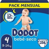 Dodot Pañales Bebé-Seco Talla 4 (9-14 kg), 256 Pañales con Protección Antifugas, Pack Mensual