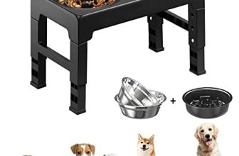 Lewondr Cuenco Elevado para Perros Gatos, Comedero Plegable para Mascotas Antivoracidad, 4 Alturas Ajustables, 1 Tazón de Alimentación Lenta y 2 Tanones Acero Inoxidable para Comer Beber, Negro