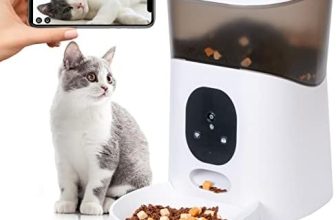 Pawmate Alimentador automático para gatos con cámara, video HD 1080P con visión nocturna, alimentador WiFi 2.4G para mascotas con audio de 2 vías, alertas de sonido para gatos y perros, bandeja única