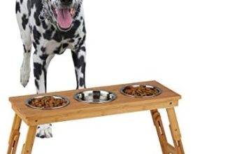 Relaxdays Comedero Bebedero Perros, Soporte Elevado Plegable, Bambú-Acero Inoxidable, 1 Ud., 31x70x23 cm, Marrón
