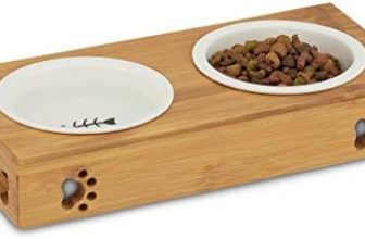 Relaxdays Comedero Bebedero con Soporte, Gatos y Perros, Doble Cuenco, Bambú y Cerámica, 1 Ud, 29,5 cm de Ancho, Marrón