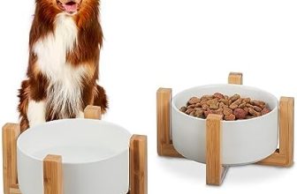 Relaxdays Set de 2 Comederos para Perro, 1 L, para Alimento y Agua, Soporte de Bambú, 10,5 x 20 x 20 cm, Natural/Blanco, Cerámica