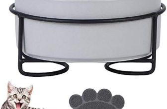 Hmpet Cuencos Elevado para Mascotas, 2 Piezas Cuencos de cerámica para Gatos Perros con Soporte de Hierro y Alfombra Antideslizante, Tazones de alimentación para Mascotas Tazón Doble de Comida y Agua