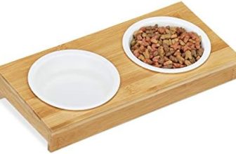 Relaxdays Doble Cuenco para Gatos y Perros pequeños, 2 Cuencos de cerámica, 200 ml, Apto para lavavajillas, comedero de bambú, Natural/Blanco