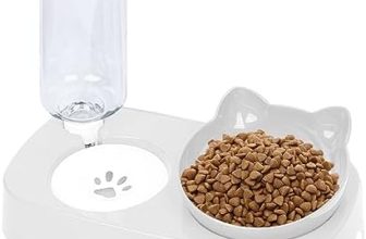 Cdemiy Cuenco para gatos, cuenco inclinado de 15° con botella de agua por gravedad, cuenco elevado antideslizante para gatos, cuencos de comida para gatitos, alimentación de alimentos húmedos y secos,